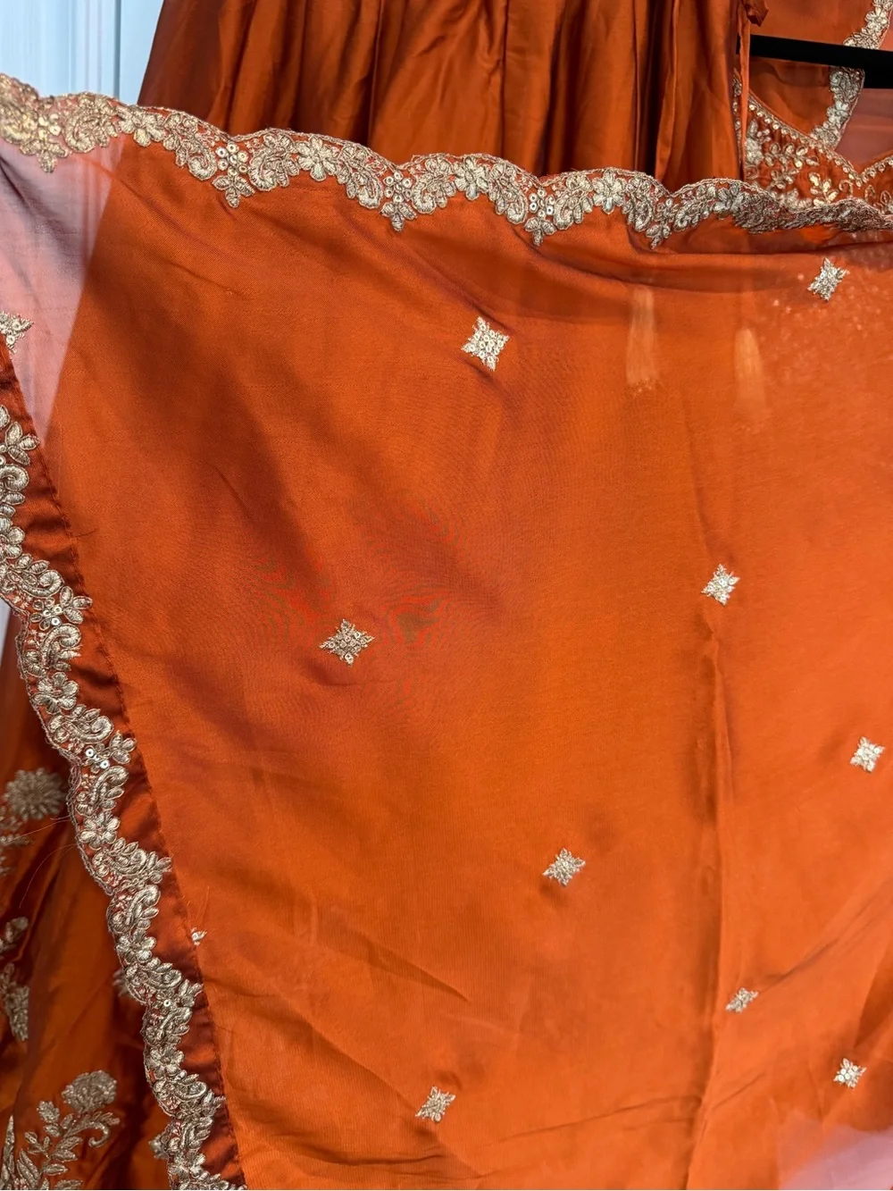 Embroidered burnt orange/rust lengha Set with Matching Blouse and Dupatta